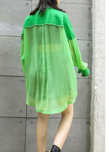 Art green chiffon patchwork tops women blouses big pockets tunic summer blouses - SooLinen