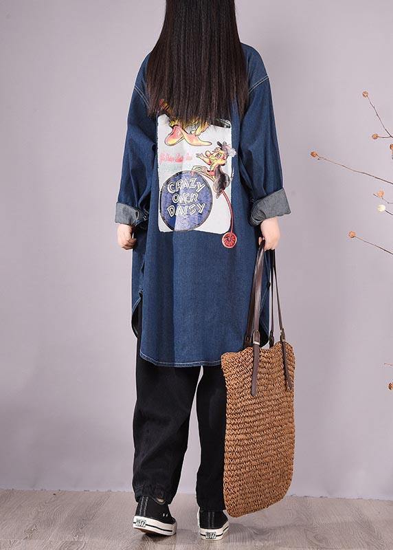 Art lapel Print Spring clothes design Denim Blue shirts - SooLinen