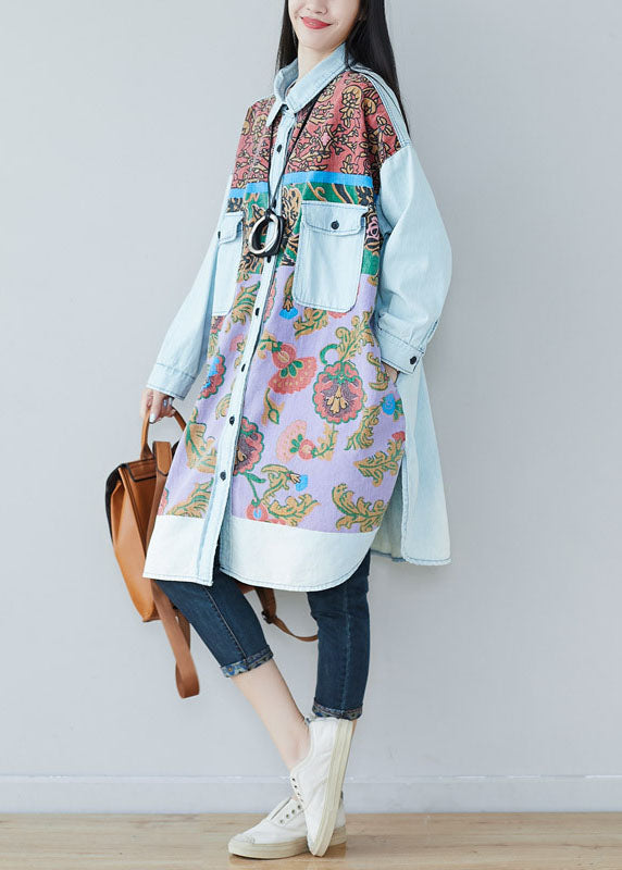 Art light Blue pockets side open Print denim shirt Dresses Spring