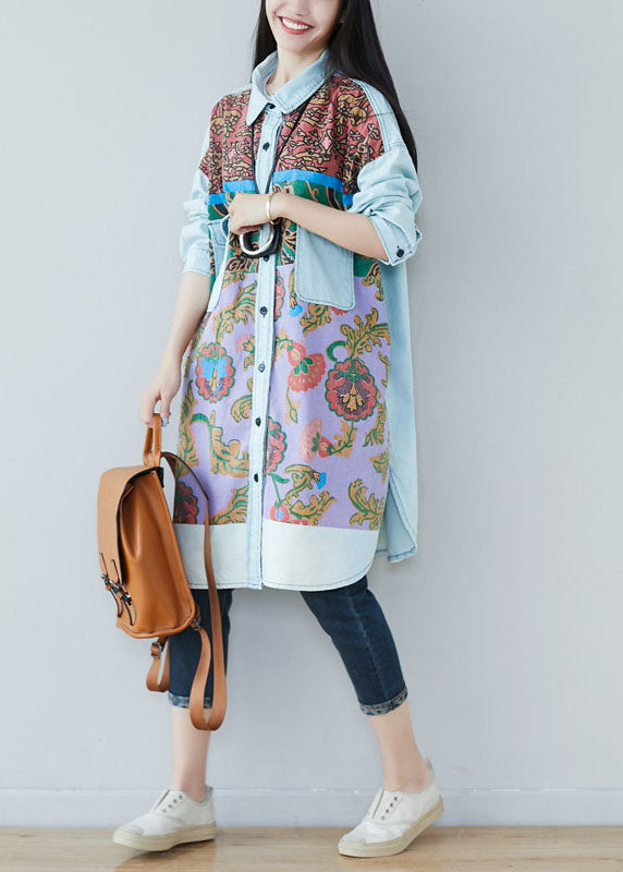 Art light Blue pockets side open Print denim shirt Dresses Spring