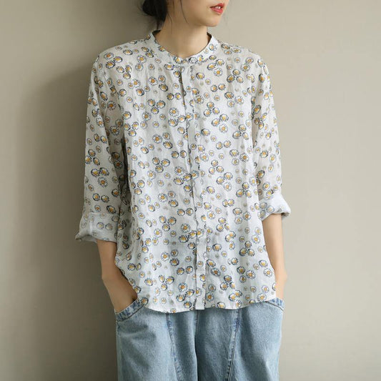 Art o neck Button Down shirts Work Outfits yellow print shirts - SooLinen