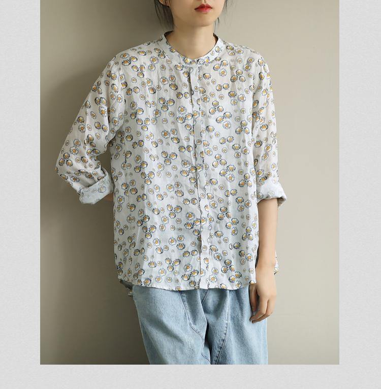 Art o neck Button Down shirts Work Outfits yellow print shirts - SooLinen