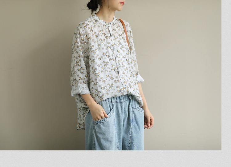 Art o neck Button Down shirts Work Outfits yellow print shirts - SooLinen