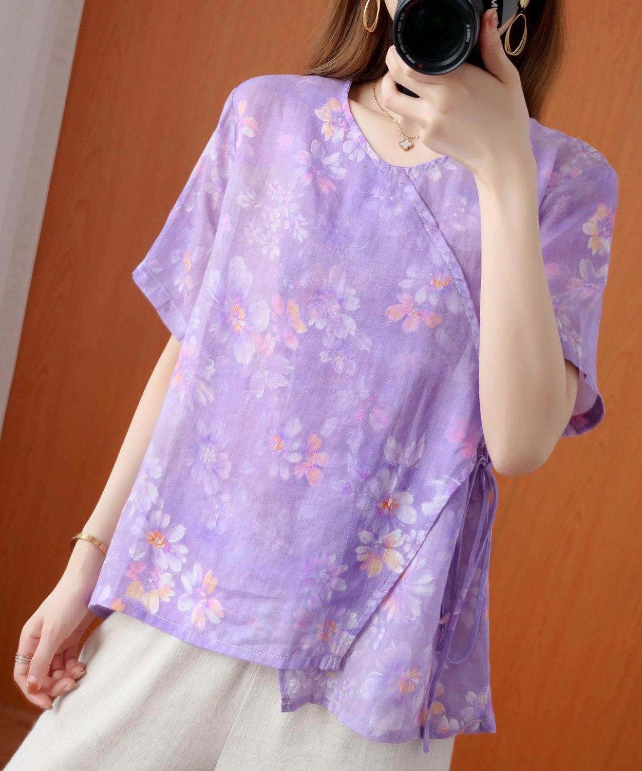 Art o neck tie waist Blouse Wardrobes purple print shirt - SooLinen