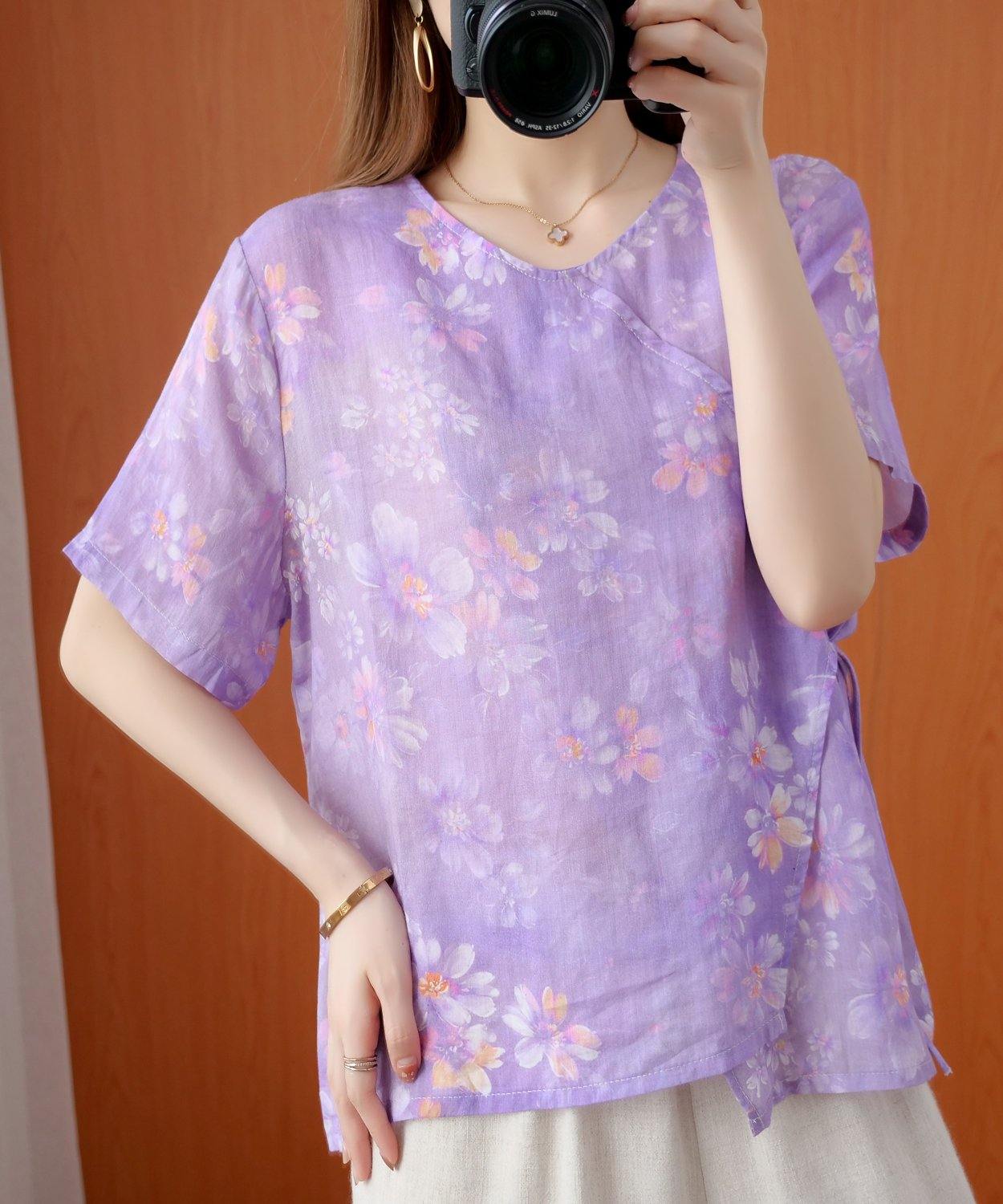 Art o neck tie waist Blouse Wardrobes purple print shirt - SooLinen