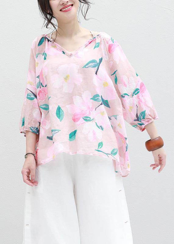 Art v neck linen box top Shirts pink prints blouses summer - SooLinen