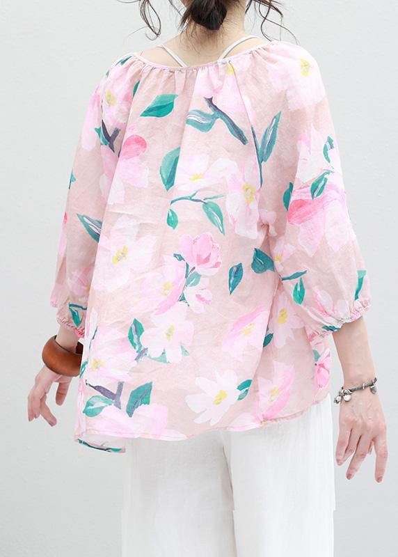 Art v neck linen box top Shirts pink prints blouses summer - SooLinen