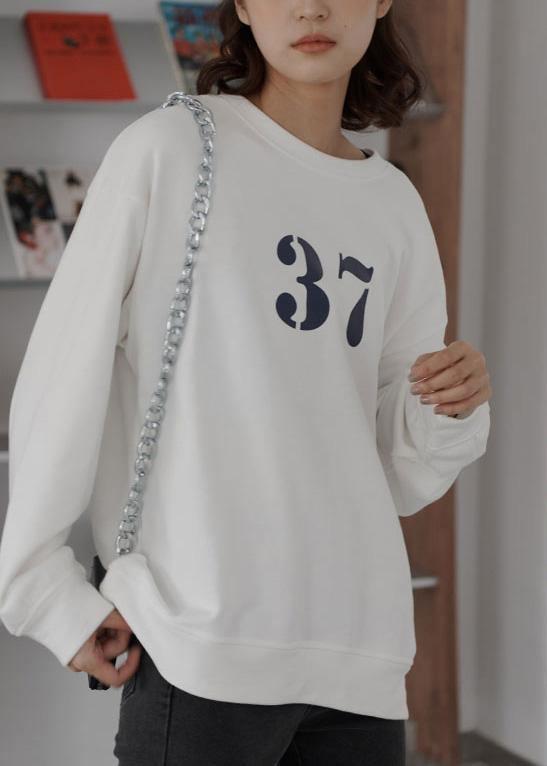 Art white cotton shirts alphabet prints Plus Size Clothing fall shirt - SooLinen