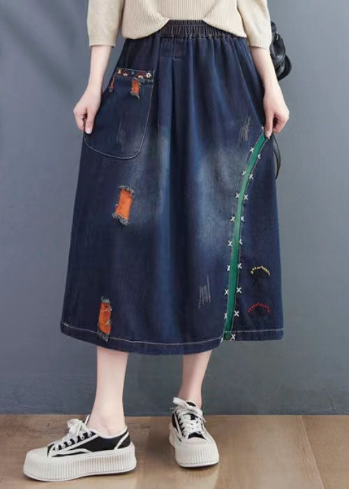 Art Navy Embroideried Hole Summer Denim Skirt