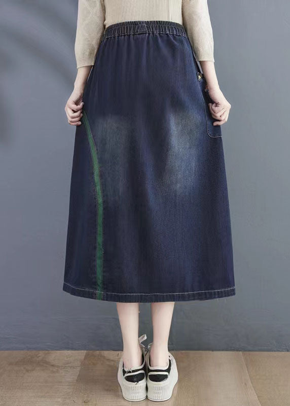 Art Navy Embroideried Hole Summer Denim Skirt