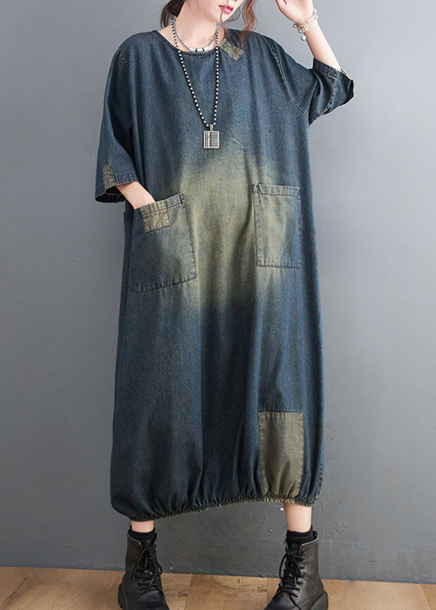 Blue Blue O-Leck Pockets Patchwork Denim Robes Malf manchettes