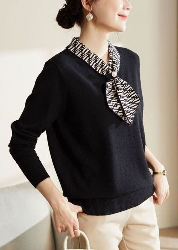 Beautiful Black Bow Collar Print Knit Blouses Long Sleeve