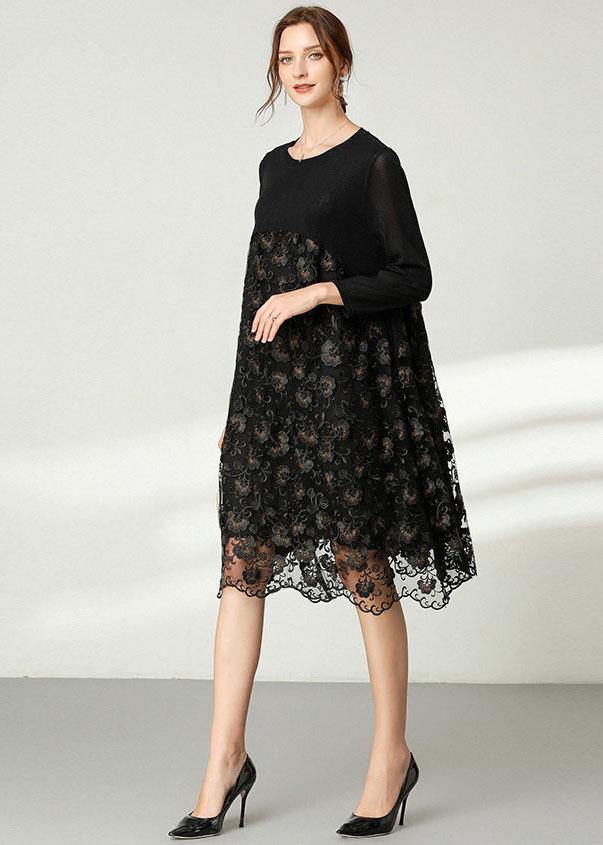 Beautiful Black Lace Patchwork Fall Dress Long Sleeve - SooLinen