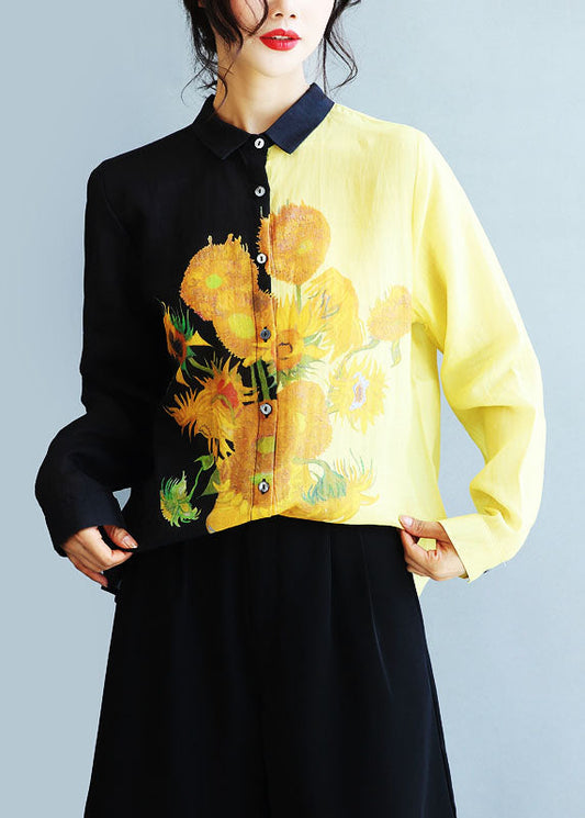 Belle chemise de lin imprimé de tournesol noire de Peter Pan