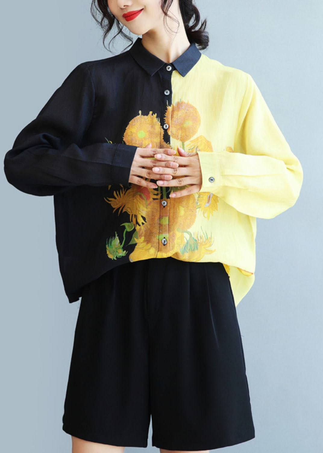 Belle chemise de lin imprimé de tournesol noire de Peter Pan