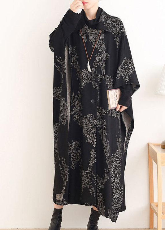 Beautiful Black Print Peter Pan Collar Button Long Trench coats - SooLinen