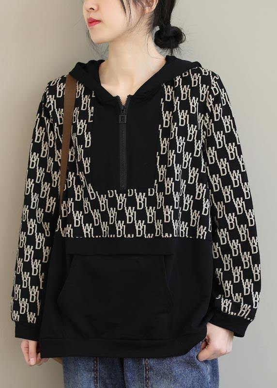 Beautiful Black Print Tunics For Women Hooded Pockets Spring Tops - SooLinen