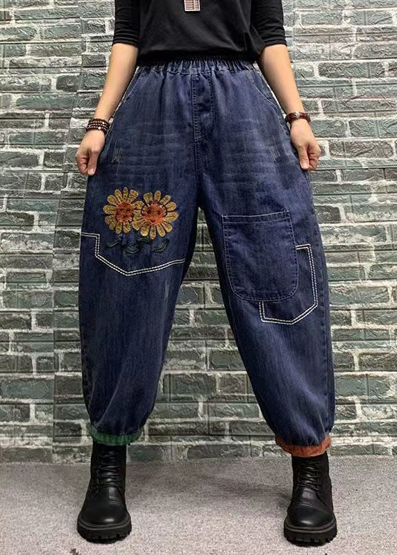 Beautiful Blue Embroideried Patchwork Elastic Waist Denim Crop Pants Spring