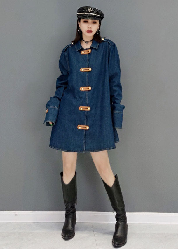 Beautiful Blue Peter Pan Collar Cotton Denim Long Coat Long Sleeve