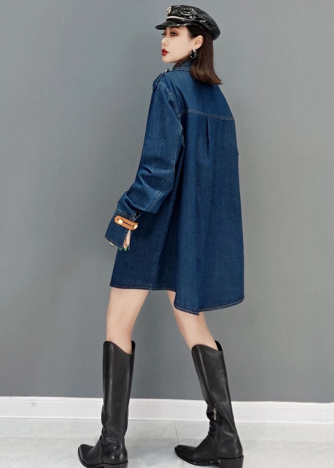 Beautiful Blue Peter Pan Collar Cotton Denim Long Coat Long Sleeve