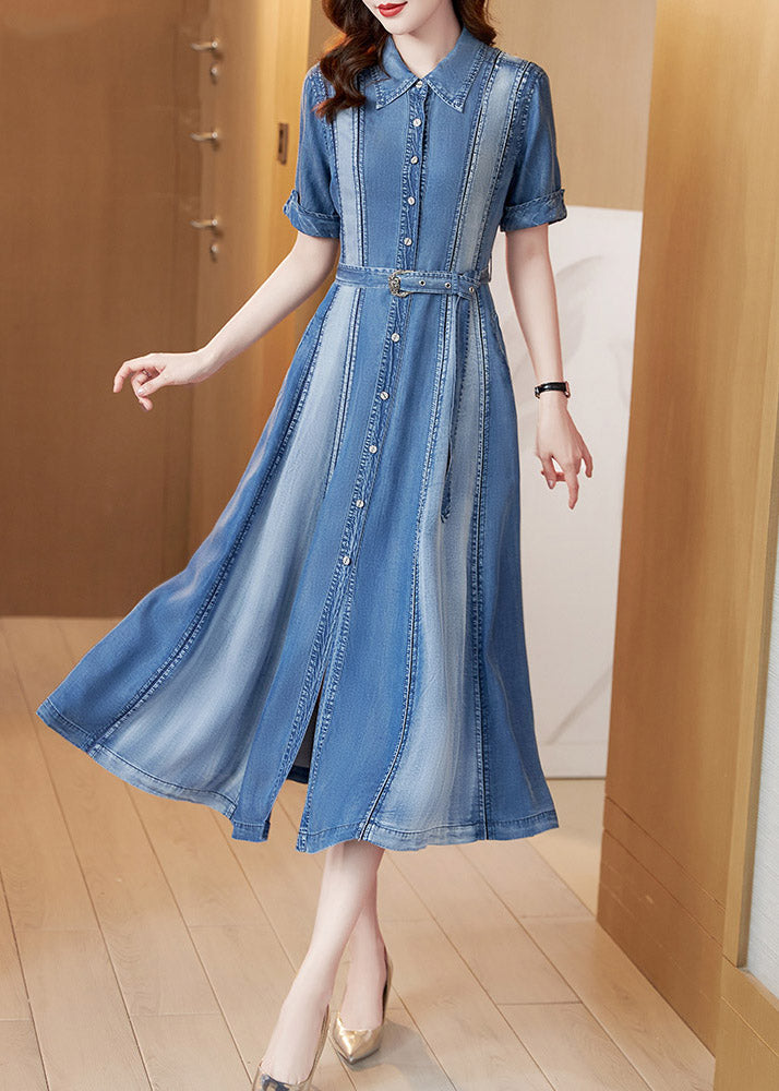 Belle Blue Peter Pan Collar Patchwork Sashes Silk Denim Long Robe Couchée courte