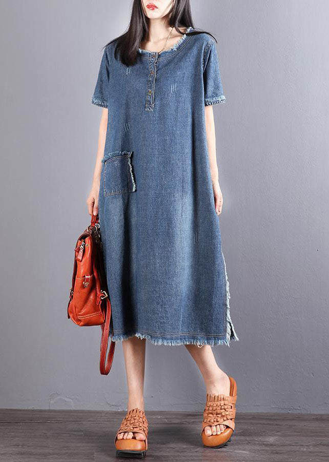 Beautiful Blue Pockets Button Fall Denim Short Sleeve Party Dress