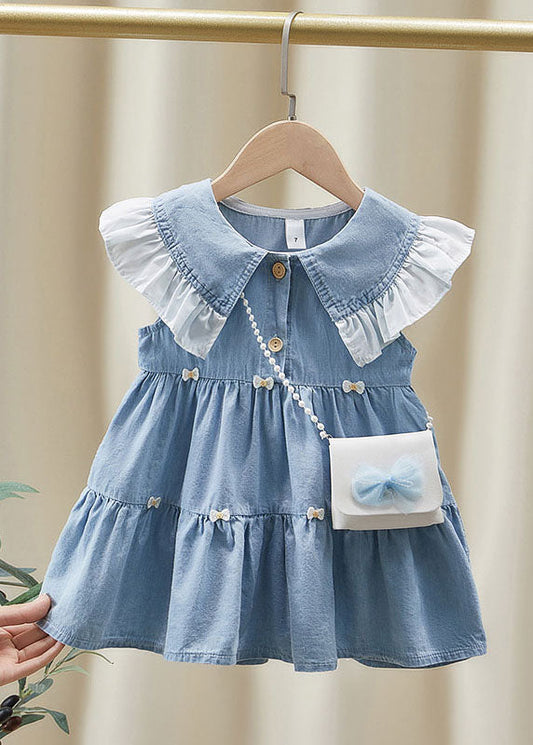 Beau Patchwork Blue Ruffled Denim Kids Girls Long Robe Summer