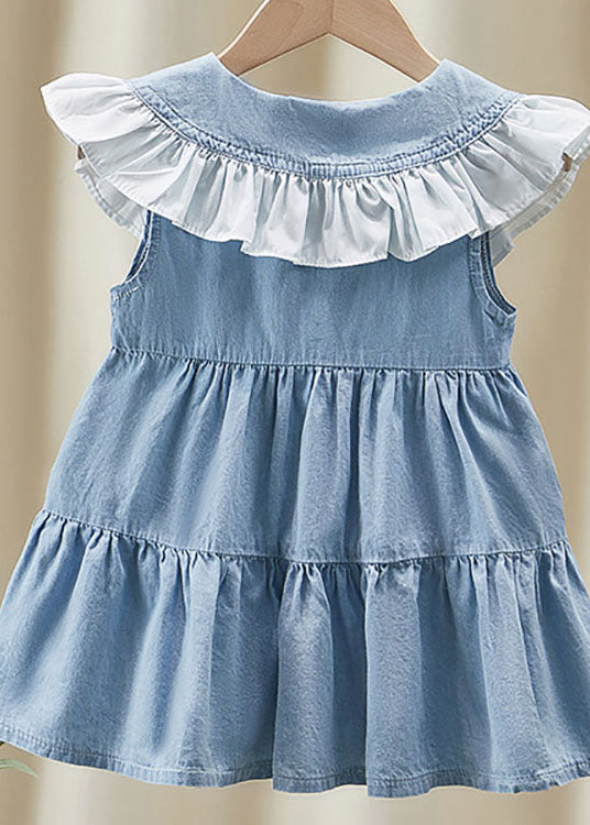 Beau Patchwork Blue Ruffled Denim Kids Girls Long Robe Summer