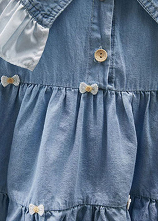 Beau Patchwork Blue Ruffled Denim Kids Girls Long Robe Summer