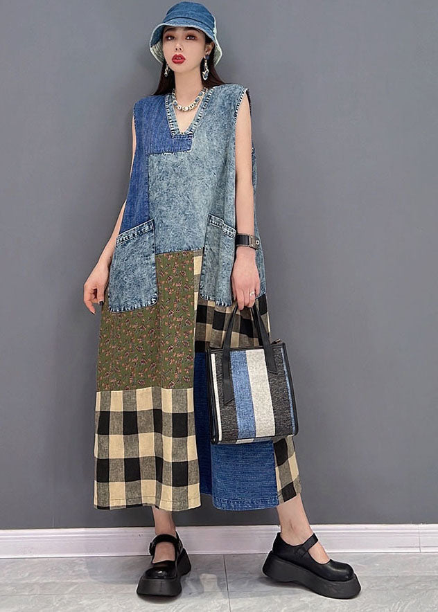 Belles poches de cou bleu V Patchwork Plaid Cotton Denim Long Robes sans manches