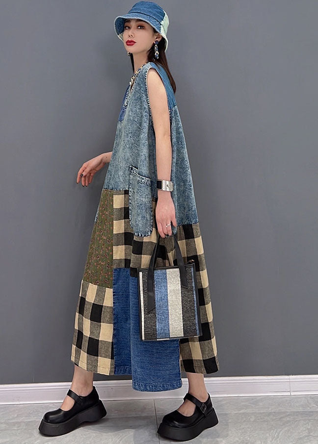 Belles poches de cou bleu V Patchwork Plaid Cotton Denim Long Robes sans manches