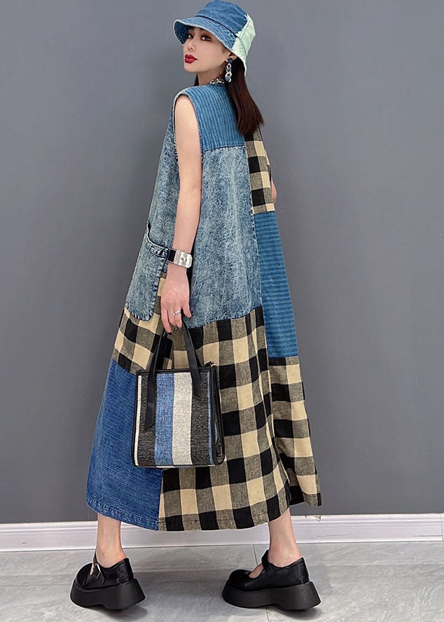 Belles poches de cou bleu V Patchwork Plaid Cotton Denim Long Robes sans manches