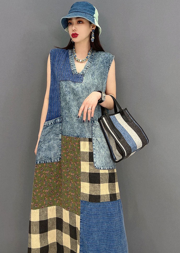 Belles poches de cou bleu V Patchwork Plaid Cotton Denim Long Robes sans manches