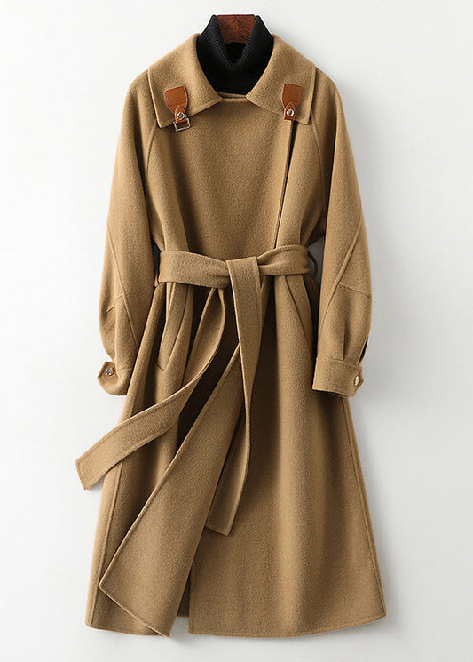 Beautiful Camel Square Collar Tie Waist Woolen Long Coats Fall