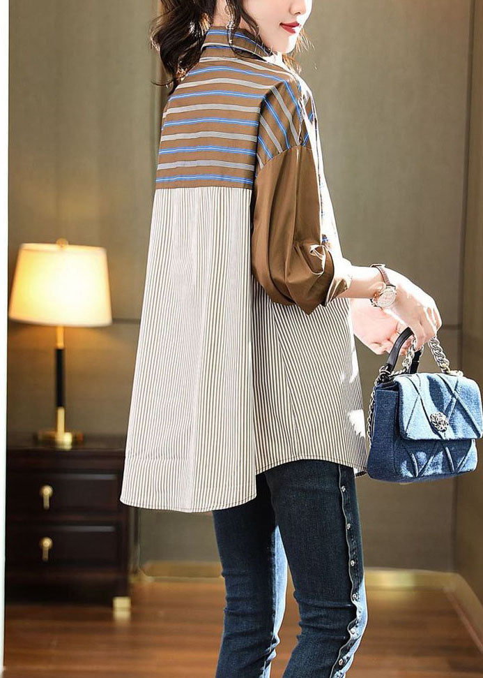 Beautiful Coffee Peter Pan Collar Patchwork Striped Cotton Shirts Spring