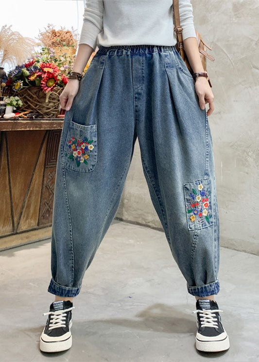 Beau denim Blue Floral Broideried Elastic Pockets POCHETS COTTON HAREM PANT