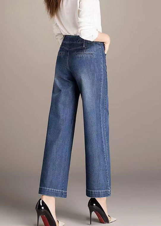 Beautiful Denim Blue High Waist Pockets Draping Cotton Straight Pants Summer