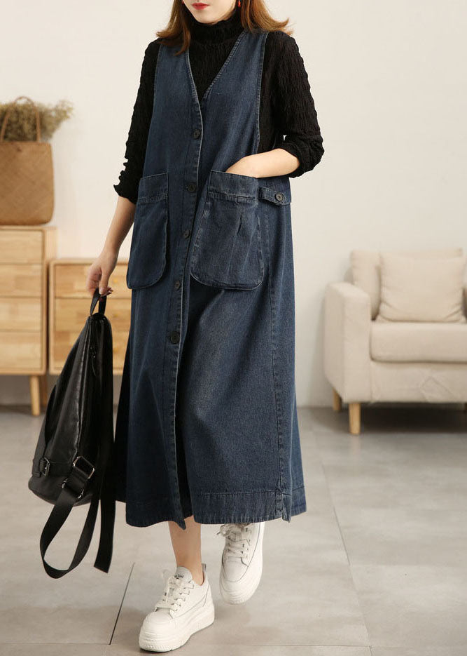 Beau denim bleu V Neck Patchwork Pockets Cotton une robe de ligne sans manches