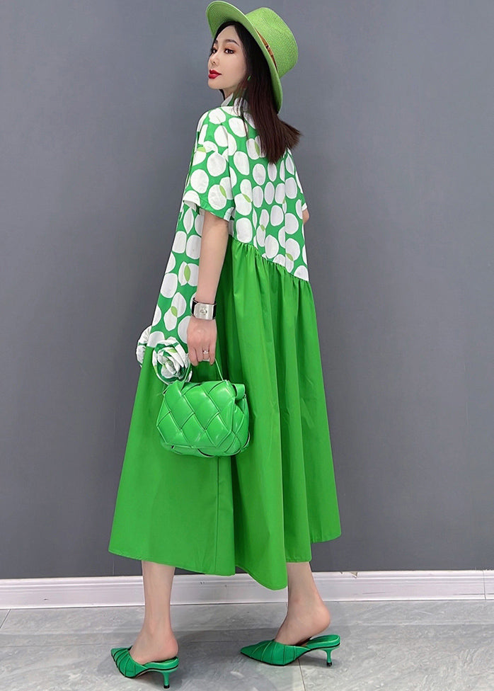 Beautiful Green Asymmetrical Design Dot Print Cotton Shirt Dresses Short Sleeve