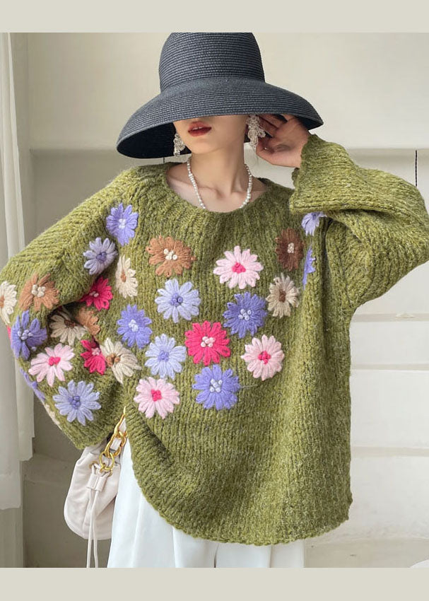 Beau pulls en tricot floral brodées verts hiver