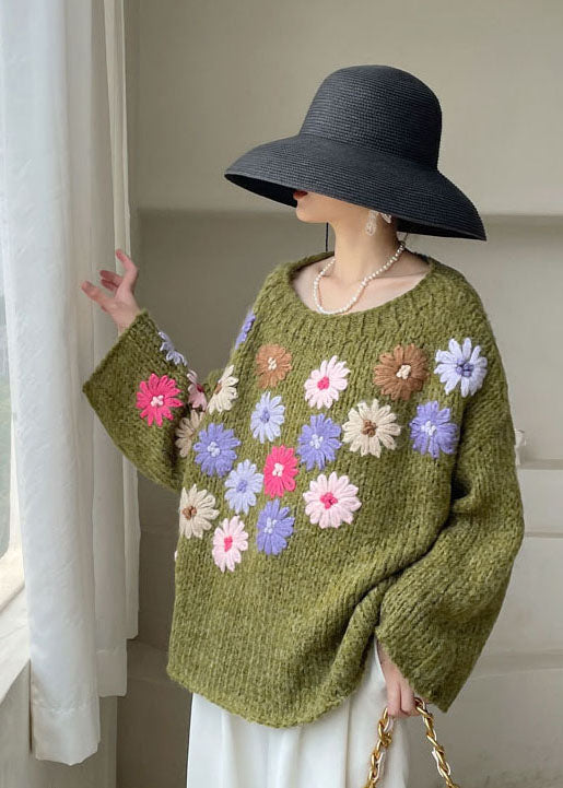 Beau pulls en tricot floral brodées verts hiver