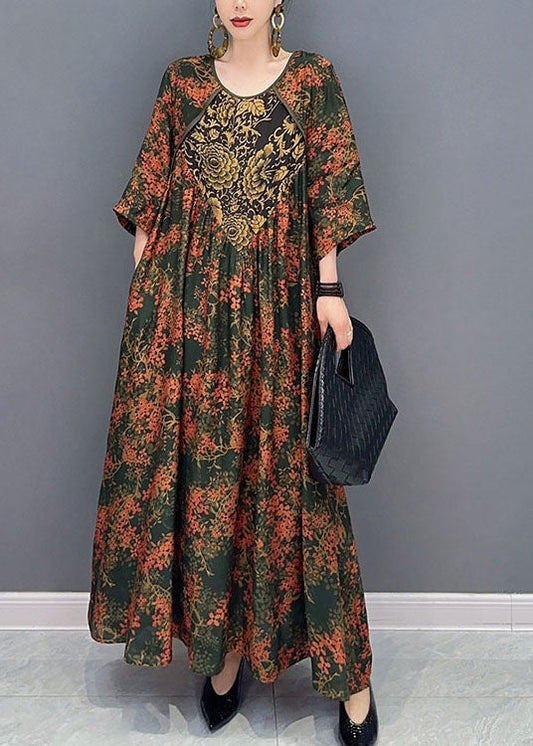 Beau Green O Neck Print Patchwork Coton Robes maxi printemps