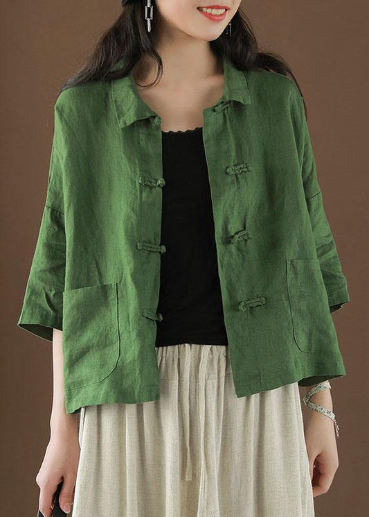 Beautiful Green Peter Pan Collar Pockets Summer Linen top - SooLinen