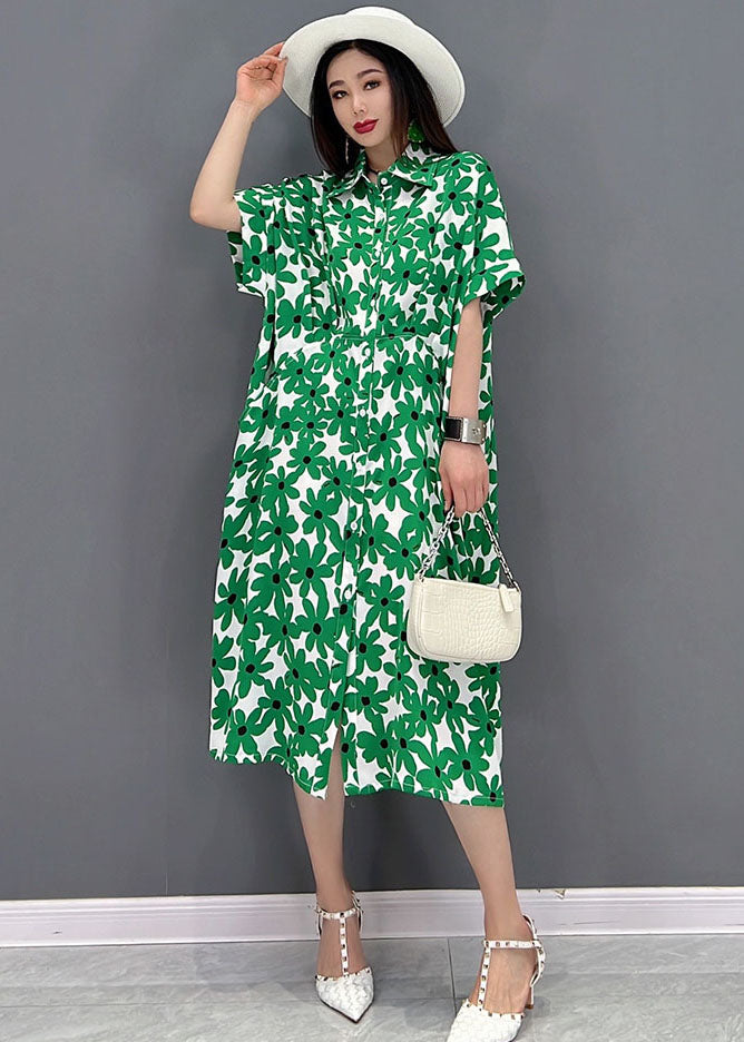 Beautiful Green Peter Pan Collar Print Shirt Dress Short Sleeve