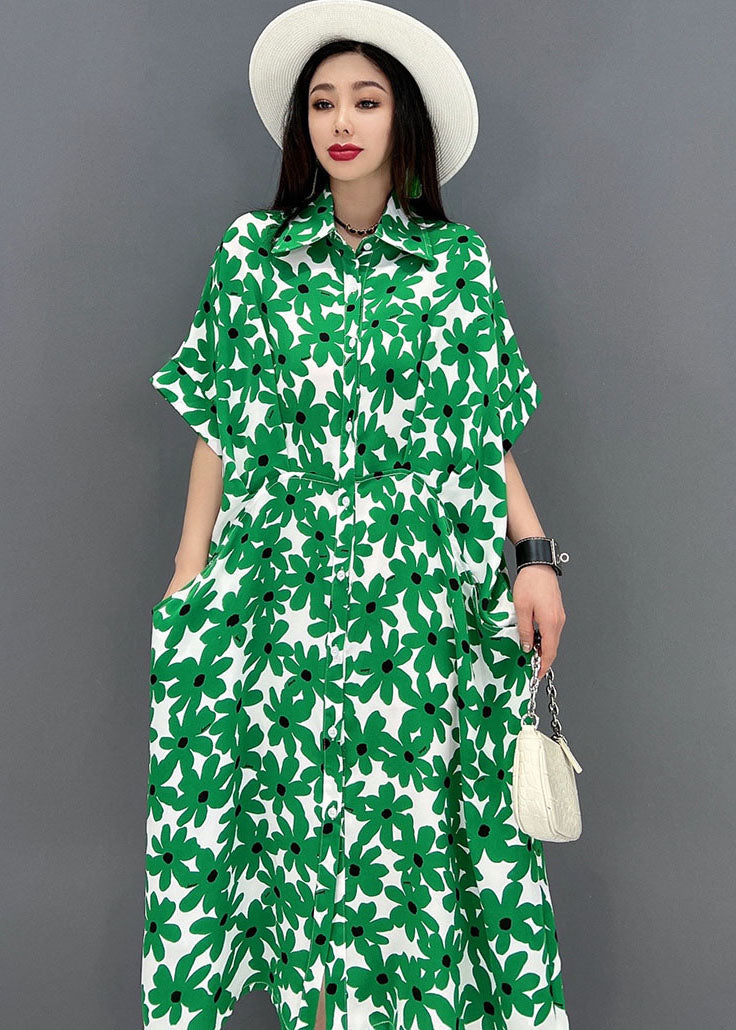 Beautiful Green Peter Pan Collar Print Shirt Dress Short Sleeve