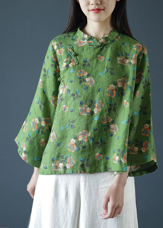 Beautiful Green Print Mandarin Collar Oriental Button Linen Top Spring