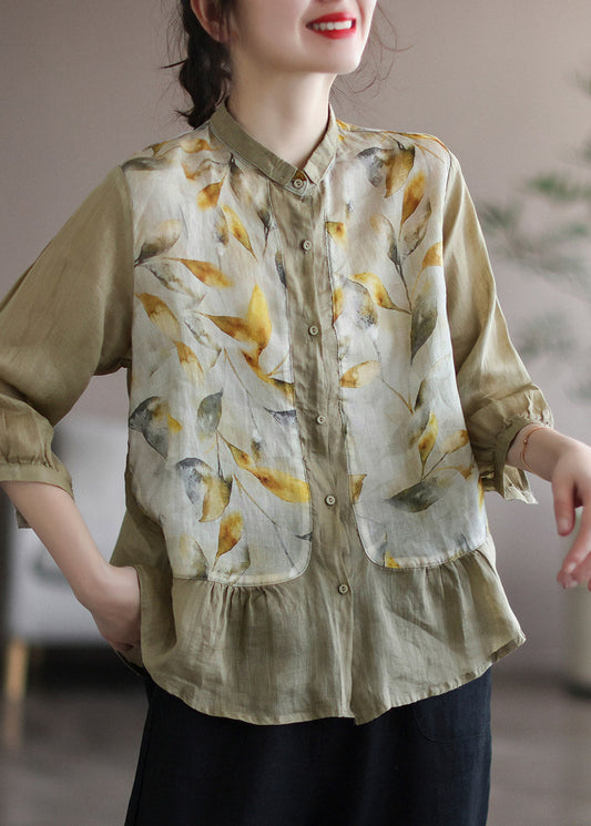 Beautiful Khaki Peter Pan Collar Print Linen Shirt Long Sleeve