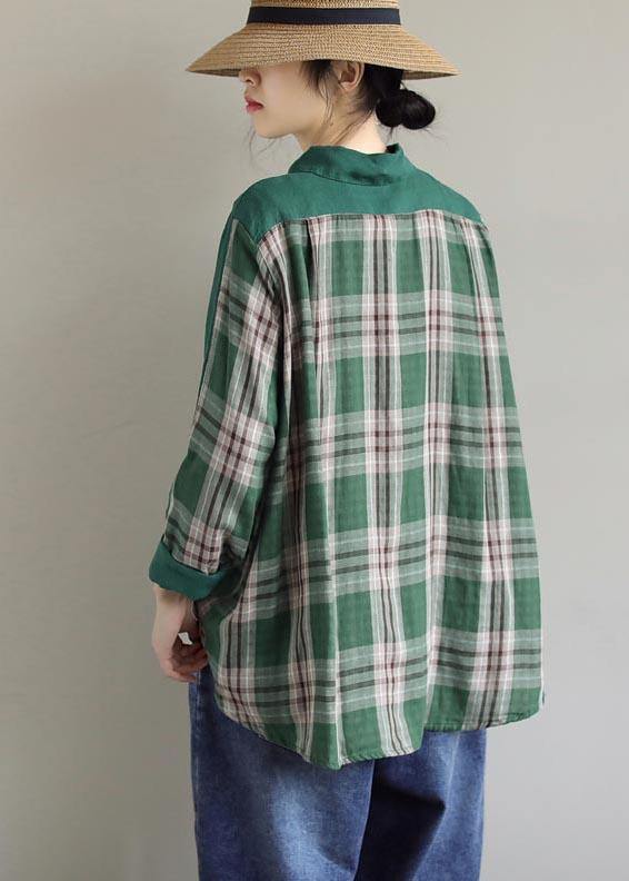 Beautiful Lapel Patchwork Spring Blouse Fabrics Green Plaid Shirts - SooLinen