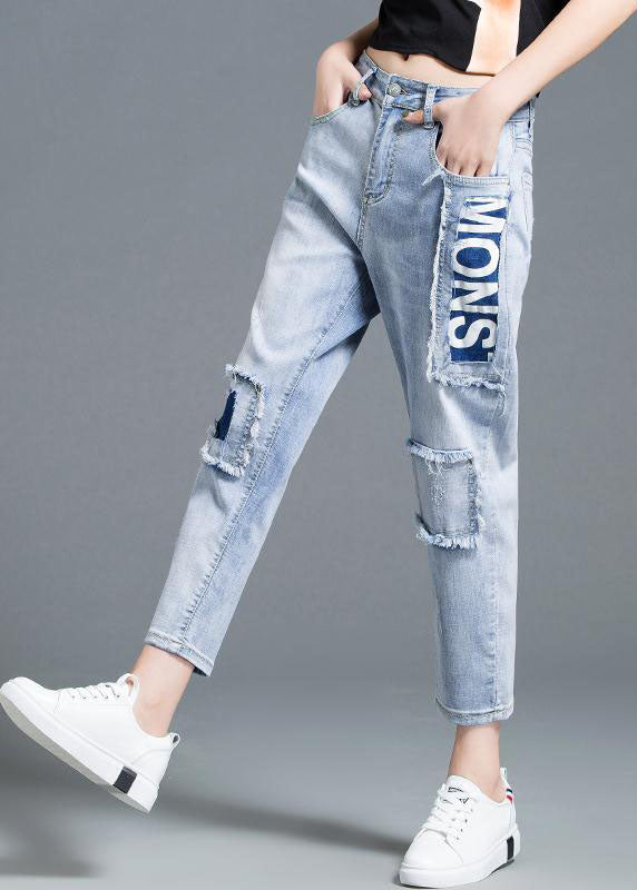 Belle lettre haute taille bleu clair imprimé jeans en denim coton été