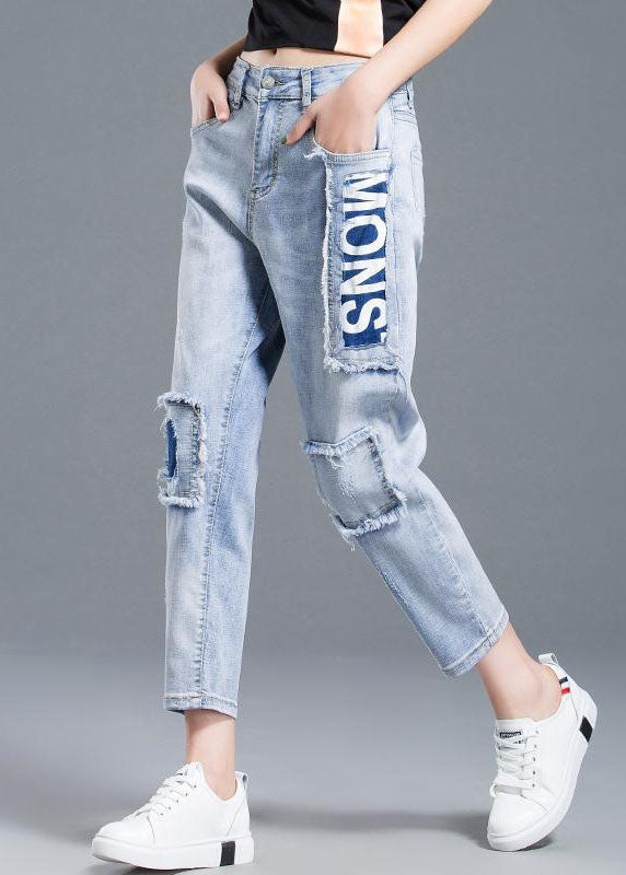 Belle lettre haute taille bleu clair imprimé jeans en denim coton été